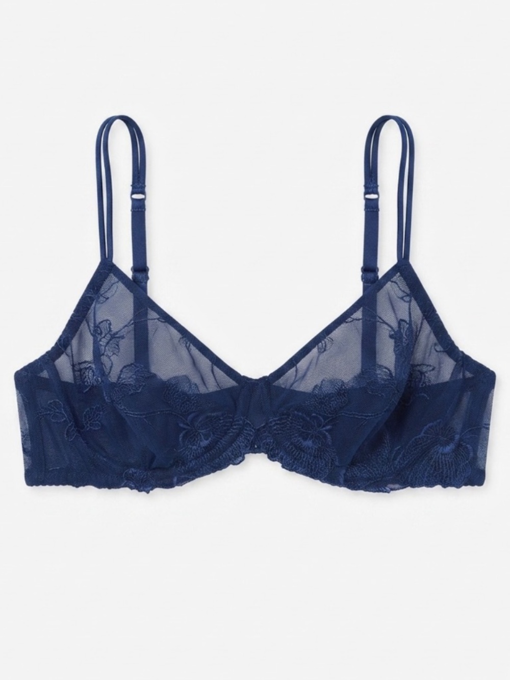 La Perla Navy Blue Floral Embroidered Sheer Mesh Double-Strap Underwire Bra